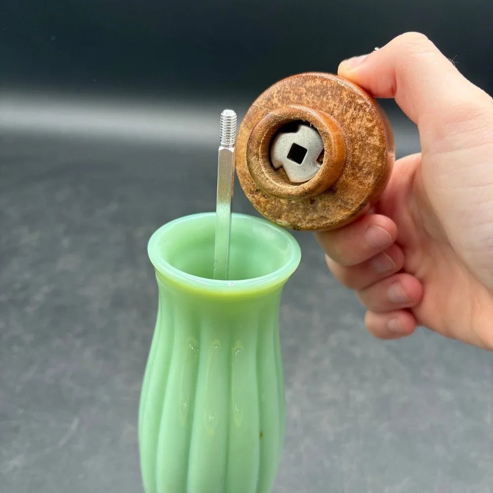 Vtg Jadeite Glass and Wood Pepper Mill Grinder Ribbed Green Farmhouse 8.5